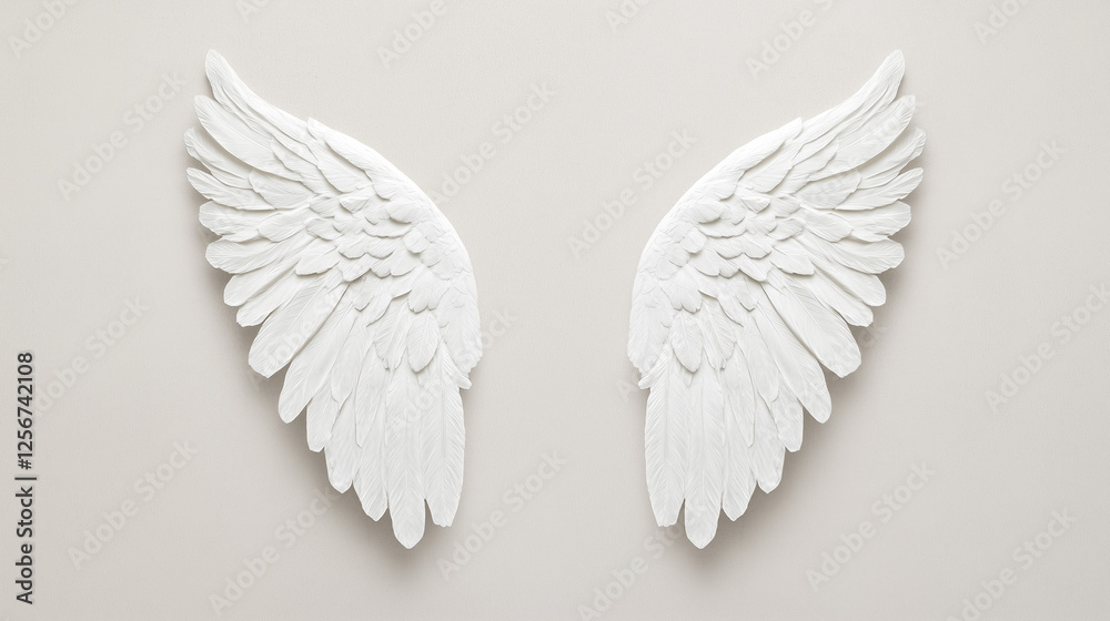 Fototapeta premium Elegant white angel wings displayed against a soft gray background representing purity, freedom, and the ethereal beauty of spirituality.