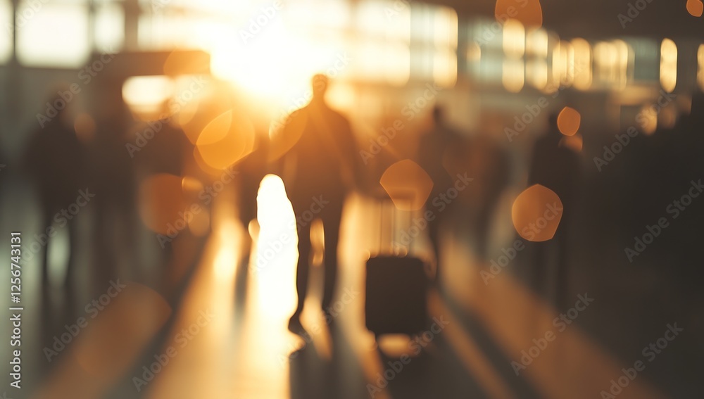 Fototapeta premium Golden Hour Travelers: Blurred silhouettes of people walking through an airport terminal during sunset, carrying luggage and bathed in warm, golden light.