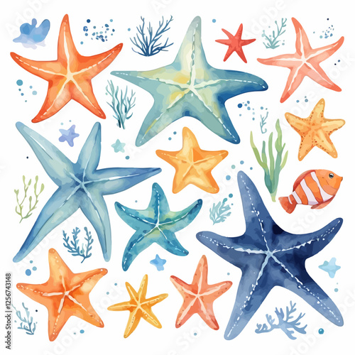 A beautiful watercolor collection of colorful starfish, coral, and fish. Ideal for marine-themed designs, ocean lovers, and summer decorations.