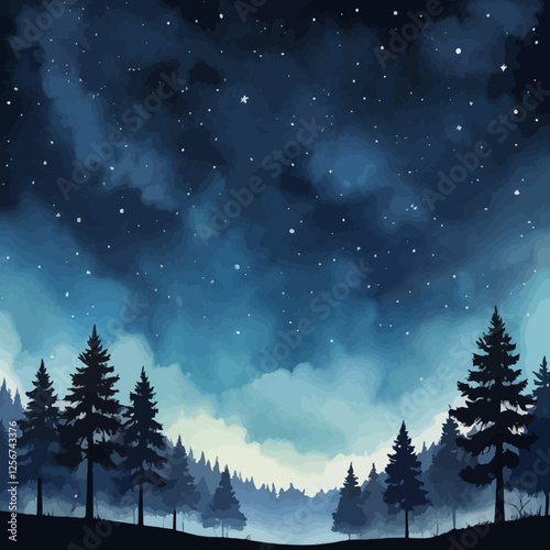 A mesmerizing watercolor painting of a dark night sky filled with stars above a dense pine forest. Perfect for dreamy backgrounds, book covers, and nature-themed designs.