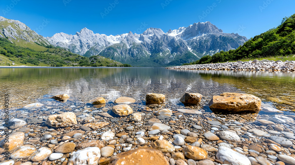 Fototapeta premium Pebbles in the clear water of a mountain lake reflect snow-capped peaks under a blue sky.