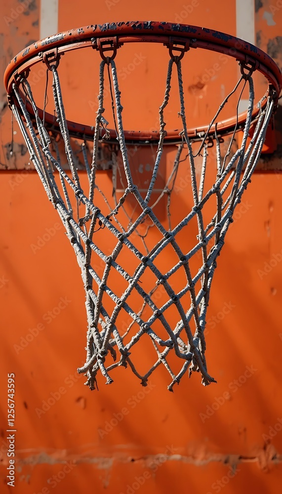 Basketball Hoop with Net Casting Shadow on Orange Wall Close-up