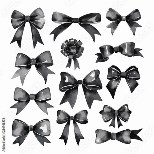 A detailed monochrome vector illustration of various ribbon bows in different styles. Ideal for gift wrapping designs, fashion accessories, and decorative projects.