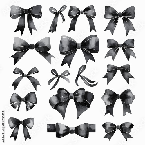 A detailed monochrome vector illustration of various ribbon bows in different styles. Ideal for gift wrapping designs, fashion accessories, and decorative projects.