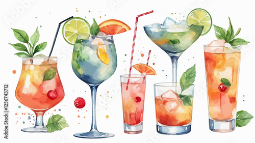 A beautiful watercolor set of various tropical cocktails in different glasses, decorated with fruit and ice. Ideal for summer-themed designs, menus, and social media promotions.