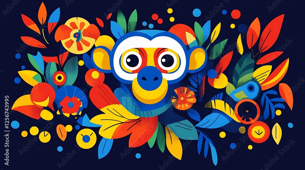 Fototapeta premium Colorful monkey surrounded by floral design