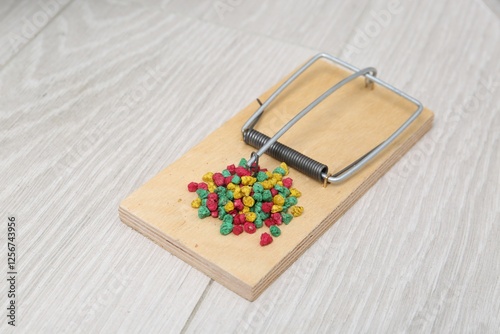 Mouse trap with rat poison on floor indoors, closeup photo