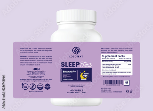 Minimalist purple-tone good night sleep supplement label with a creative branding layout, typography, and modern design. Perfect for health, wellness, and vitamin products.