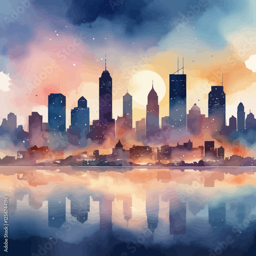 A dreamy skyline watercolor painting of a bustling city at dusk with glowing buildings and a reflected river. Ideal for urban branding, posters, and digital artwork.