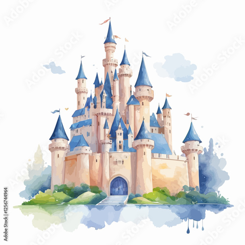 Fantasy watercolor castle with multiple towers and elegant blue spires, set in a magical forest. Ideal for fairy tale book covers, dreamy illustrations, and story art.