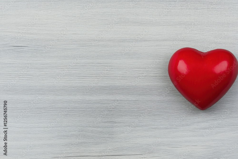 A red heart is on a wooden surface