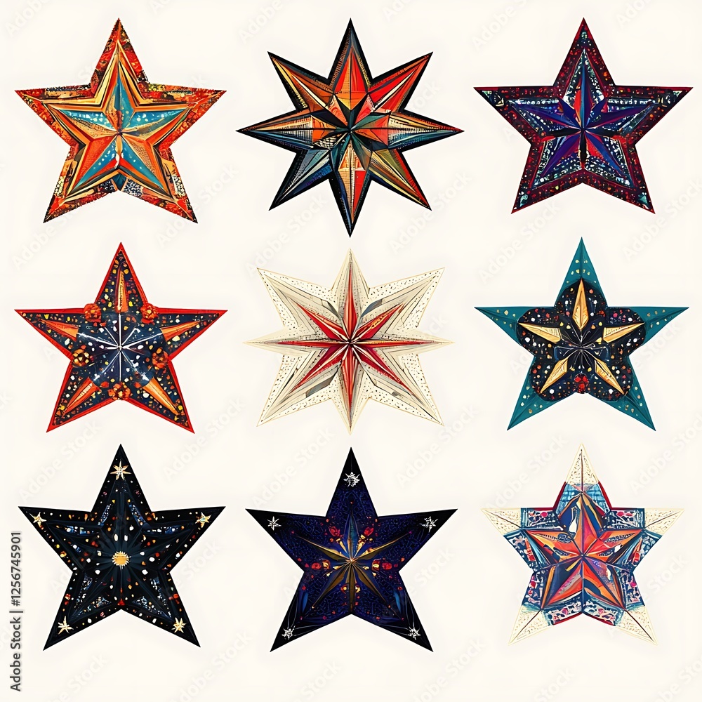 Obraz premium Colorful Paper Stars, Ornate Design, Isolated, Decorative, Backgroundless
