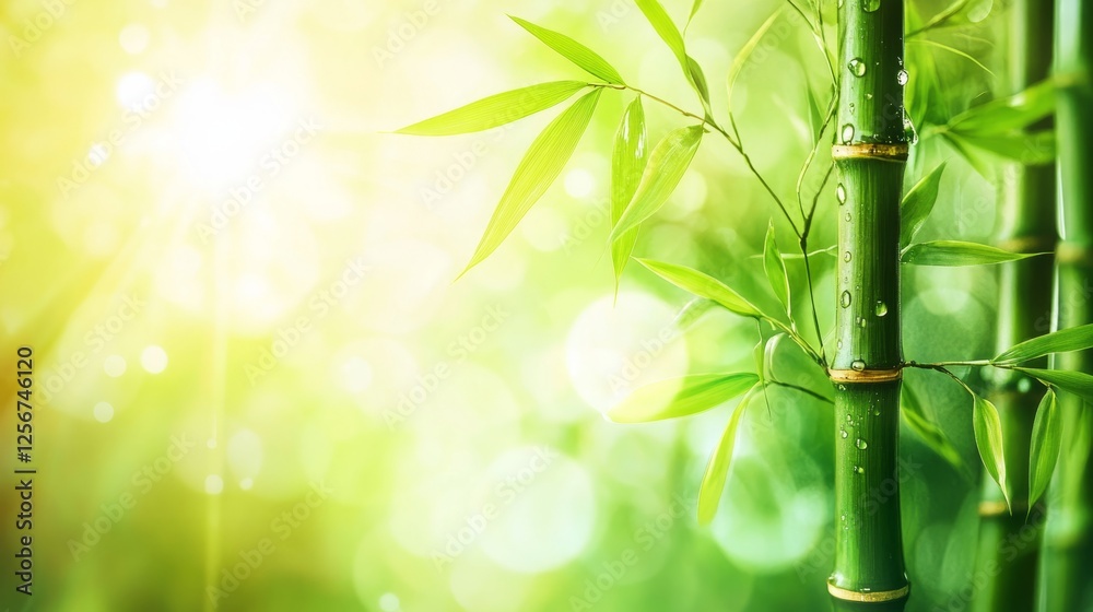 Fototapeta premium Vibrant bamboo leaf with dewdrops, soft sunlight, blurred flowers, embodying summer's refreshing simplicity. 