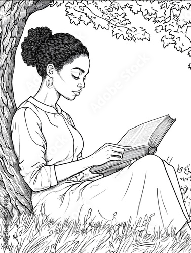 beautiful retro style black woman at reading a book inder a tree clean lines black and white adult coloring book page
