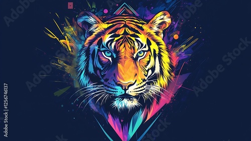 Vibrant Tiger Portrait, Abstract Background, Modern Art, Digital Illustration, Creative Image, for use in social media, website, or prints photo