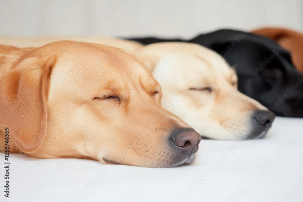 Three dogs are sleeping on a white surface Three dogs are sleeping on a white surface