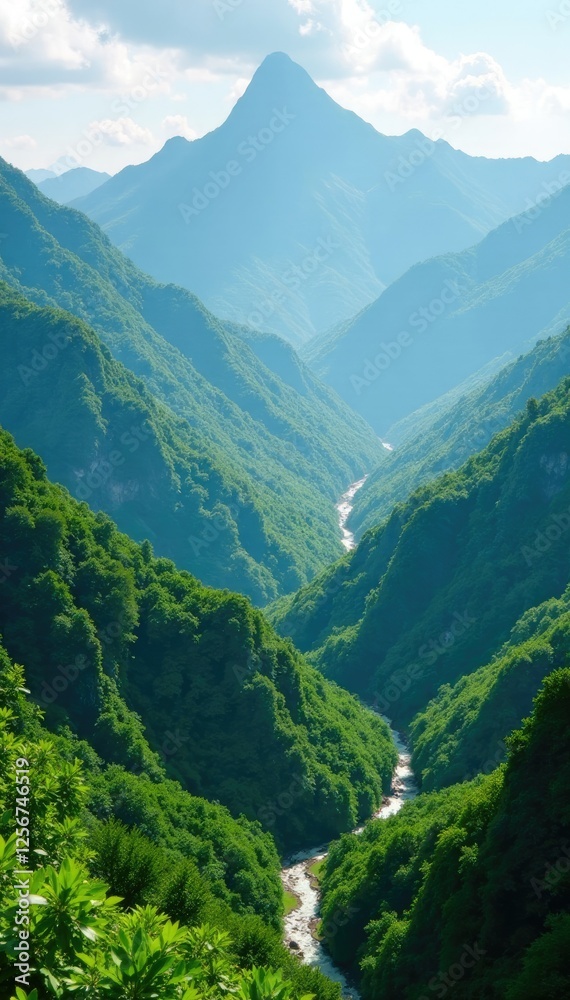 Fototapeta premium Emerald canopies stretch across mountain peaks, green, mountains, foliage