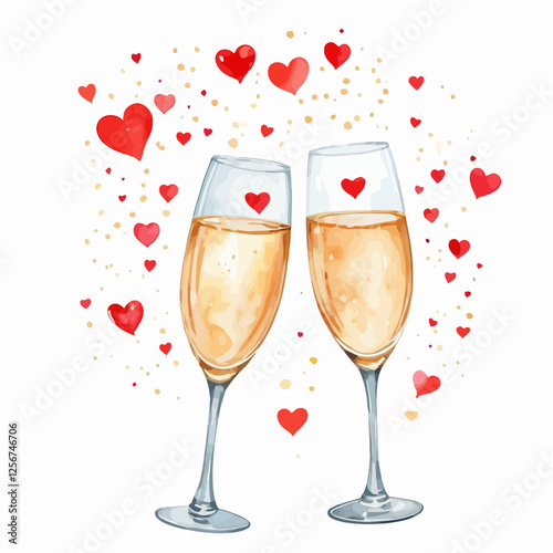 A romantic watercolor illustration of two champagne glasses clinking together, surrounded by floating red hearts.
