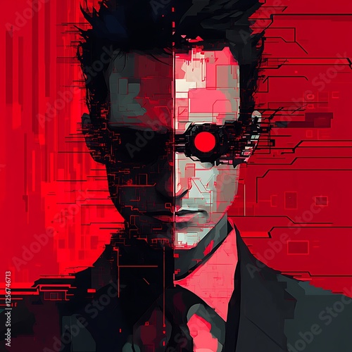 Digital cyberpunk portrait;  futuristic male figure;  red background;  possible use in art, design, or gaming photo