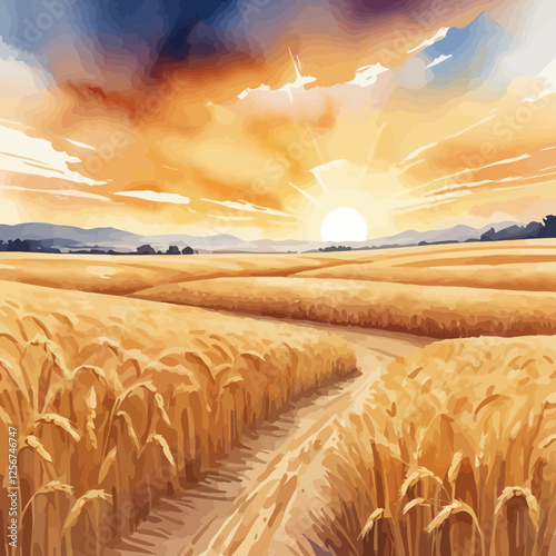 A stunning watercolor vector illustration of expansive golden wheat fields stretching under a dramatic sunset sky, capturing the beauty of nature in warm, vibrant tones.