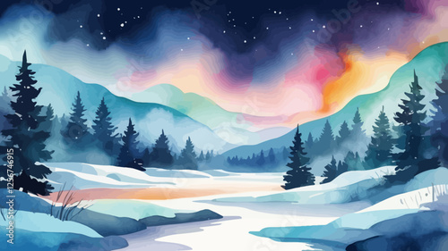 A mesmerizing winter watercolor vector background featuring an aurora color theme with soft gradients of blue, purple, and green, creating a dreamy, frosty atmosphere.