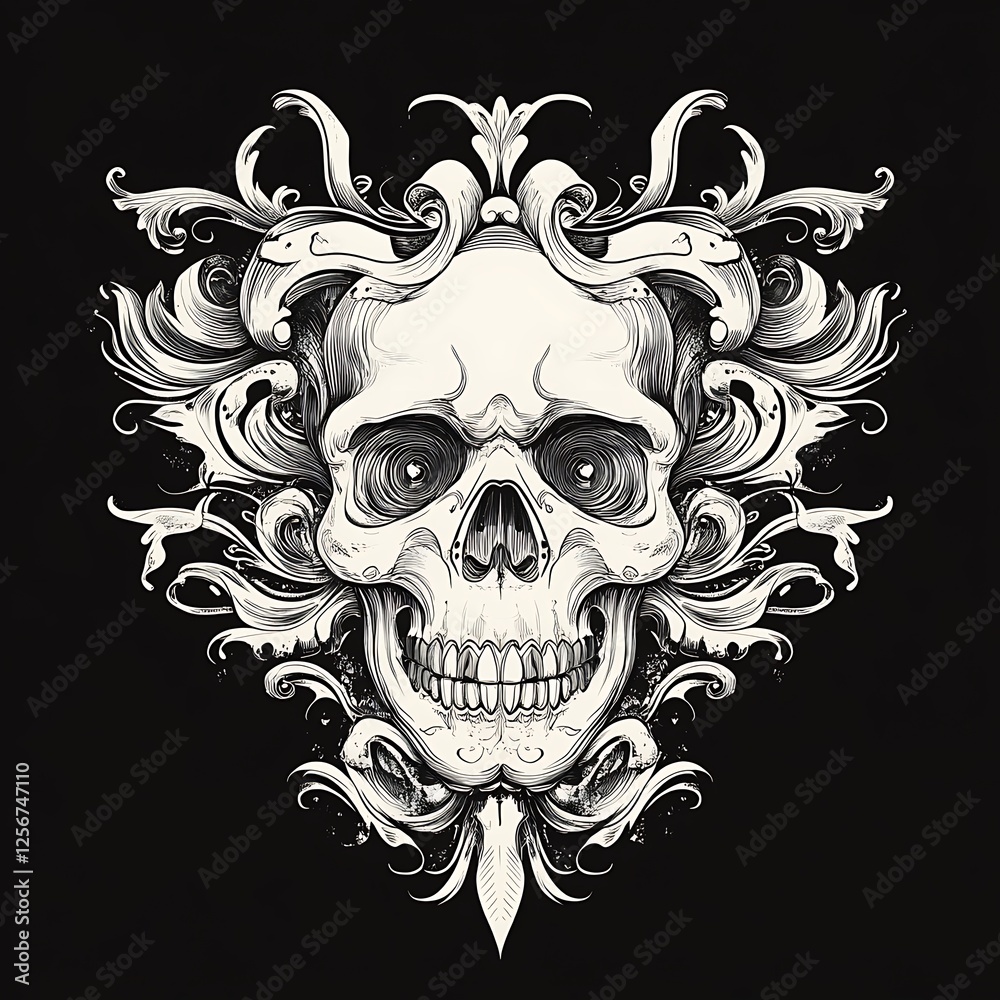 Fototapeta premium Ornate Skull Graphic Design, Suitable for Tattoo or Print, Background Decorative Design