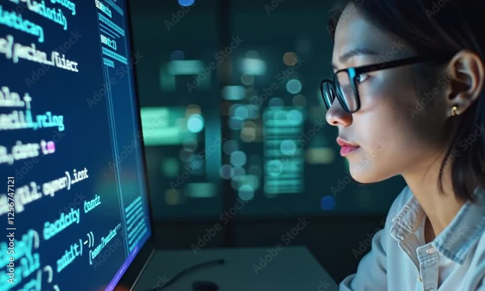Woman programmer coding late at night, focused on screen. Woman programmer coding late at night, focused on screen.