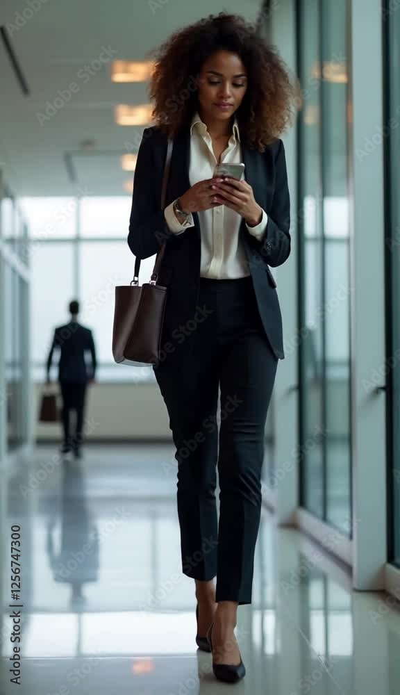 Businesswoman using smartphone while walking in modern office corridor. Businesswoman using smartphone while walking in modern office corridor.