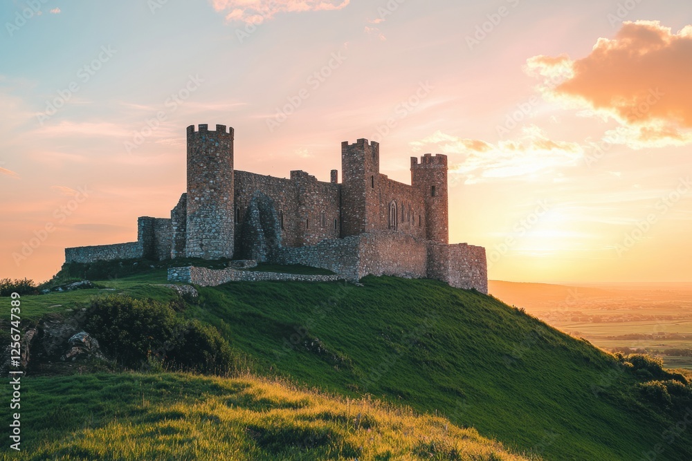 Majestic medieval castle perched on a green hill under a vibrant sunset sky. Generative AI Majestic medieval castle perched on a green hill under a vibrant sunset sky. Generative AI