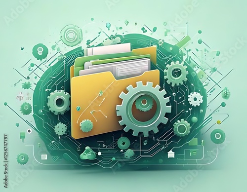 Files in a folder intertwined with gears suggests digitized automated information processing and management.