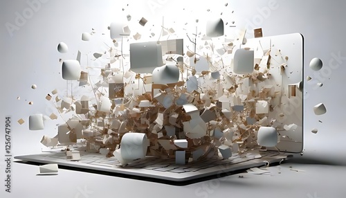 From a laptop, blocks and fragments seemingly explode in a digital cascade. photo