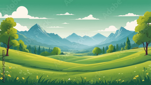 A stunning vector illustration of a scenic landscape featuring green meadows, rolling fields, lush forests, and majestic mountains at sunset, perfect for print and design.