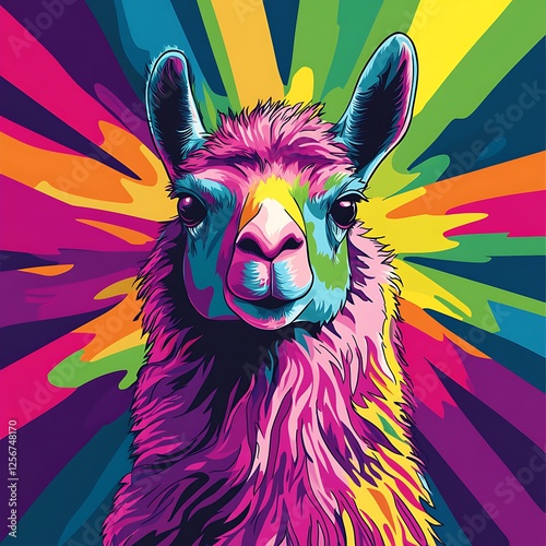 Vibrant Llama Portrait, Pop Art Style, Colorful Background. Possible Use Stock Photo for Print or Digital Media photo