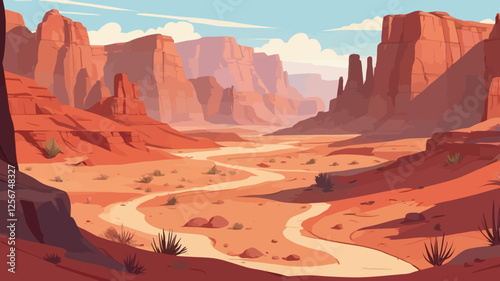 A stunning vector illustration of a desert canyon landscape, featuring towering red sandstone formations, rugged terrain, and a hot Wild West climate.