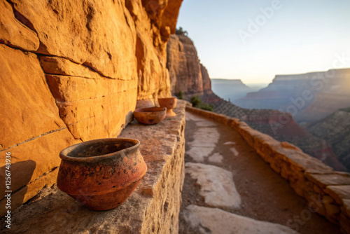 Ancient clay pots on rocky ledge at sunset in canyon landscape