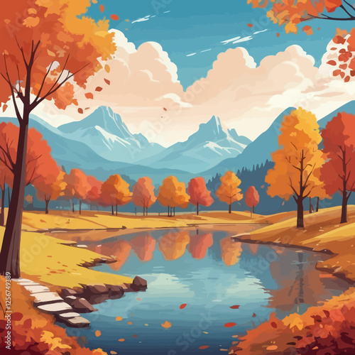 A stunning vector illustration of an autumn park landscape featuring a serene lake, vibrant fall trees with colorful leaves, clouds in a picturesque sky, and distant mountains on the horizon.