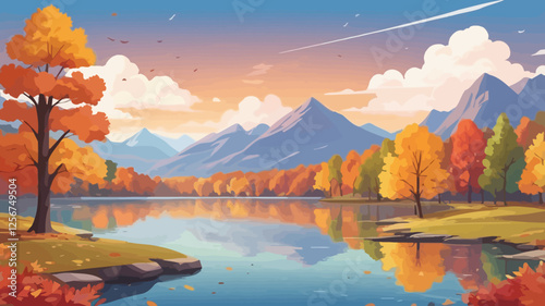 A stunning vector illustration of an autumn park landscape featuring a serene lake, vibrant fall trees with colorful leaves, clouds in a picturesque sky, and distant mountains on the horizon.