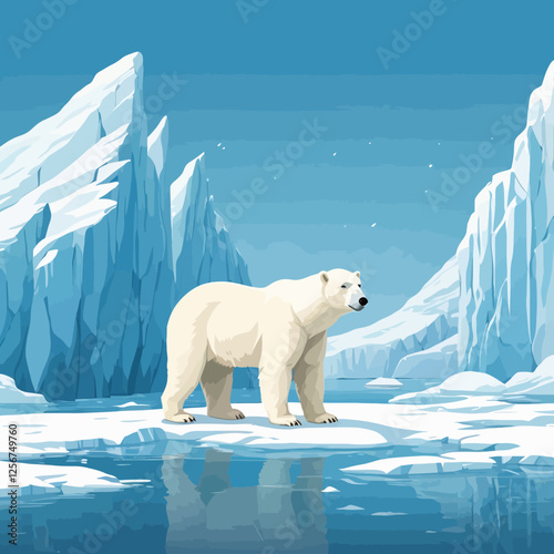Vector illustration of a polar bear standing on icebergs in a frozen Arctic landscape, perfect for wildlife and environmental themes.