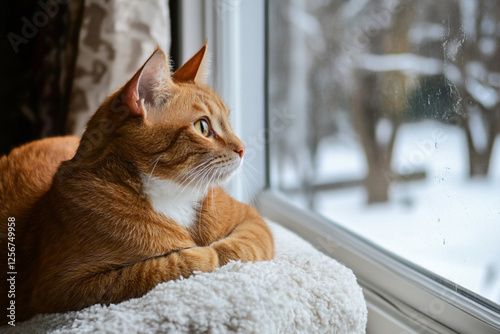       There is a cat that is sitting on a couch looking out the window
