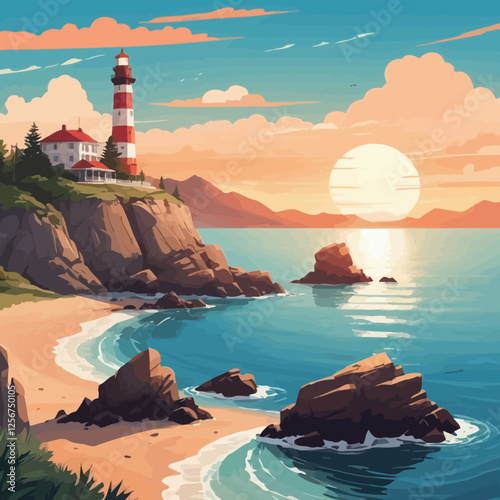 A stunning vector illustration of a rocky seashore with a tall lighthouse overlooking a beautiful ocean bay, surrounded by hills and mountains under a warm summer sunset.
