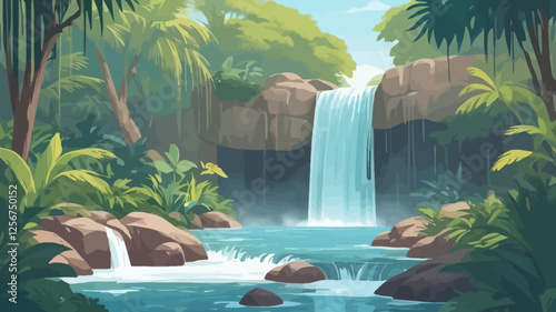 Tropical waterfall flowing into a crystal clear pool surrounded by lush forest, perfect for travel, nature, and summer visuals.