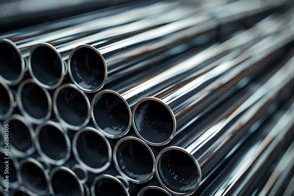 High quality steel pipes of different diameters in a warehouse