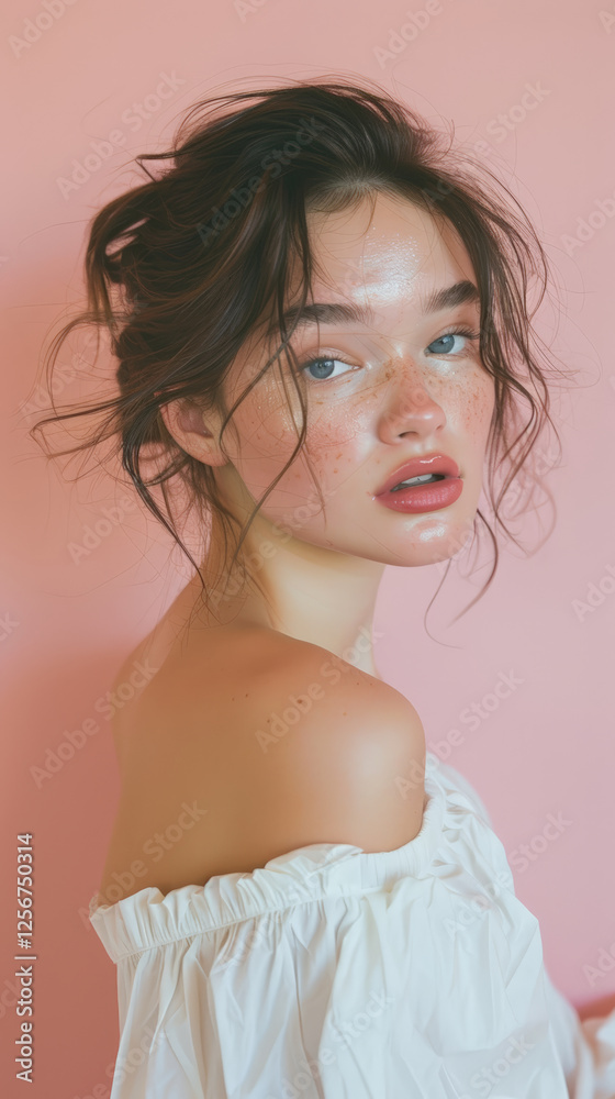 Model with natural makeup and soft curls, posing against pink background Model with natural makeup and soft curls, posing against pink background