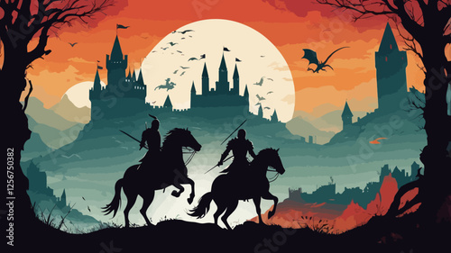 A dramatic vector illustration of medieval knights on horseback silhouetted against a fiery sky, with a castle under siege by a fearsome dragon, evoking a fantasy storytelling scene.