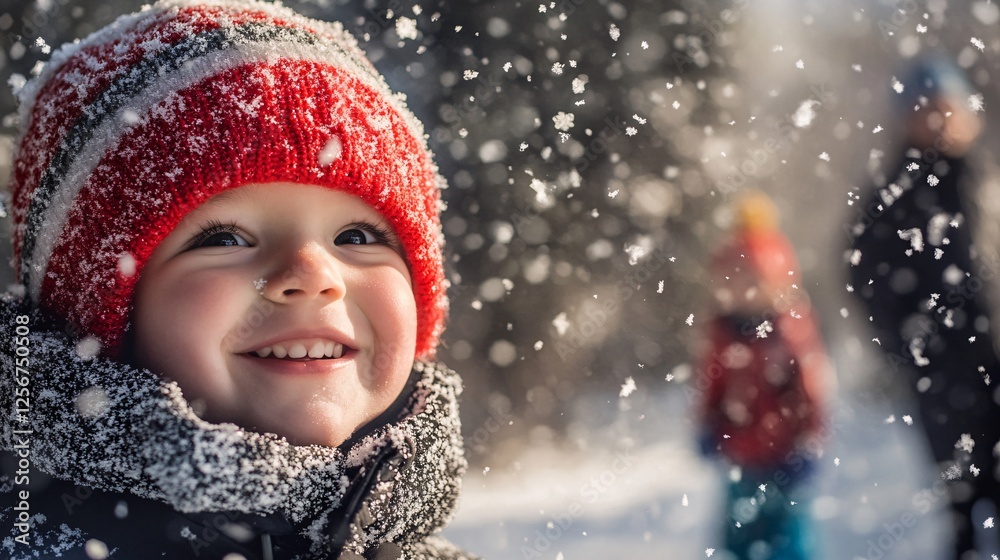 Joyful child smiles while gazing at the snowfall in a wintry woodland Joyful child smiles while gazing at the snowfall in a wintry woodland