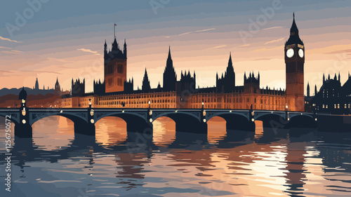 The iconic Big Ben clock tower and Westminster Bridge illuminated by the sunset. The reflection of the historic architecture on the calm river creates a beautiful scene.