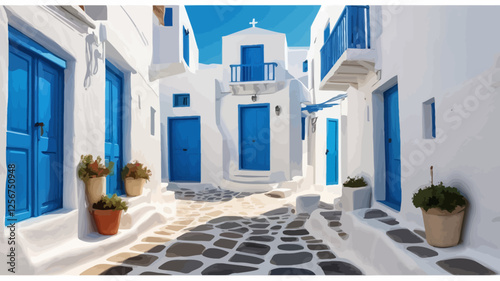 A stunning vector illustration of Mykonos, Greece, showcasing its iconic charm with whitewashed buildings, blue shutters, and narrow winding stone pathways.