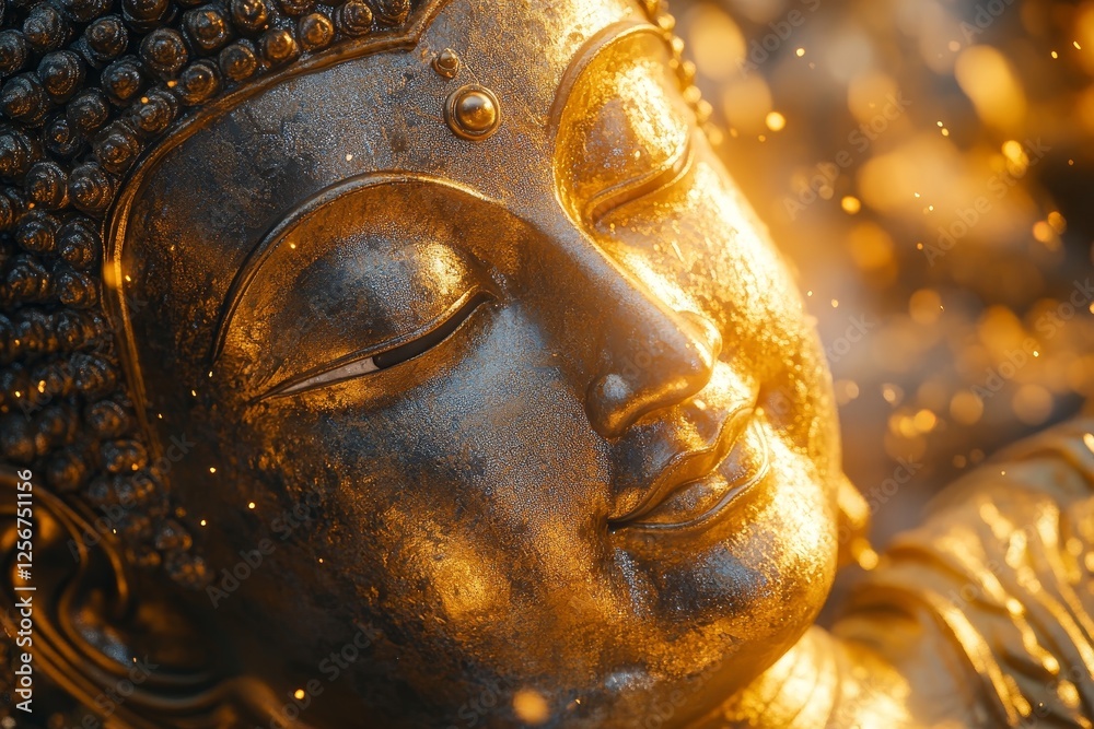 Obraz premium Peaceful Buddha statue at sunset, golden light