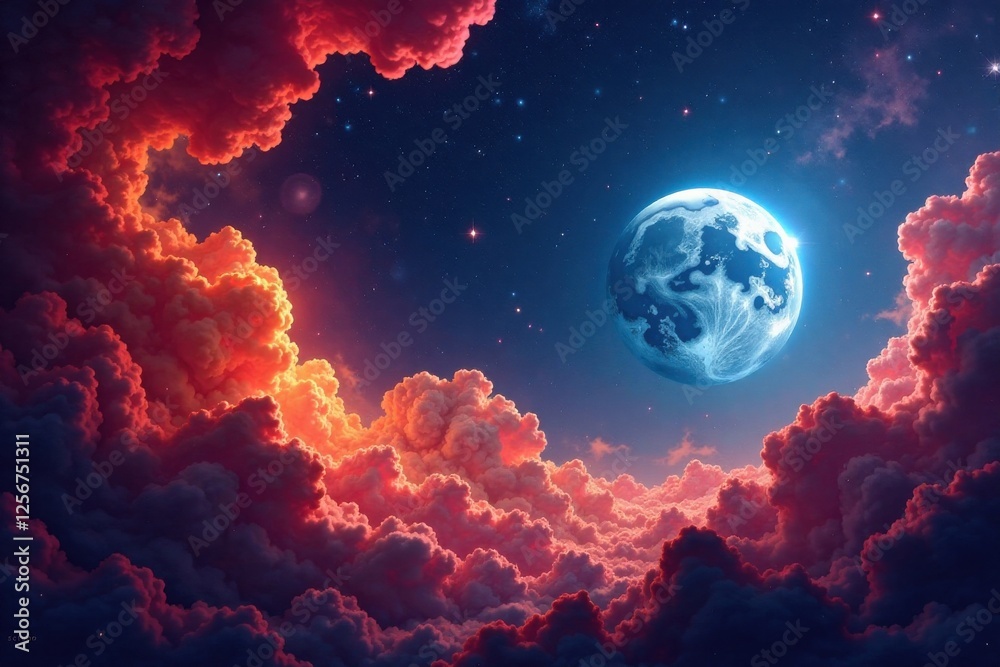 A Celestial Dreamscape Vibrant Hues of Sunset Clouds Embrace a Glowing Orb in the Night Sky A Celestial Dreamscape Vibrant Hues of Sunset Clouds Embrace a Glowing Orb in the Night Sky