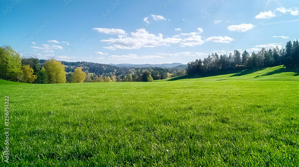 Obraz premium Sunny green field, hills, forest background, landscape nature